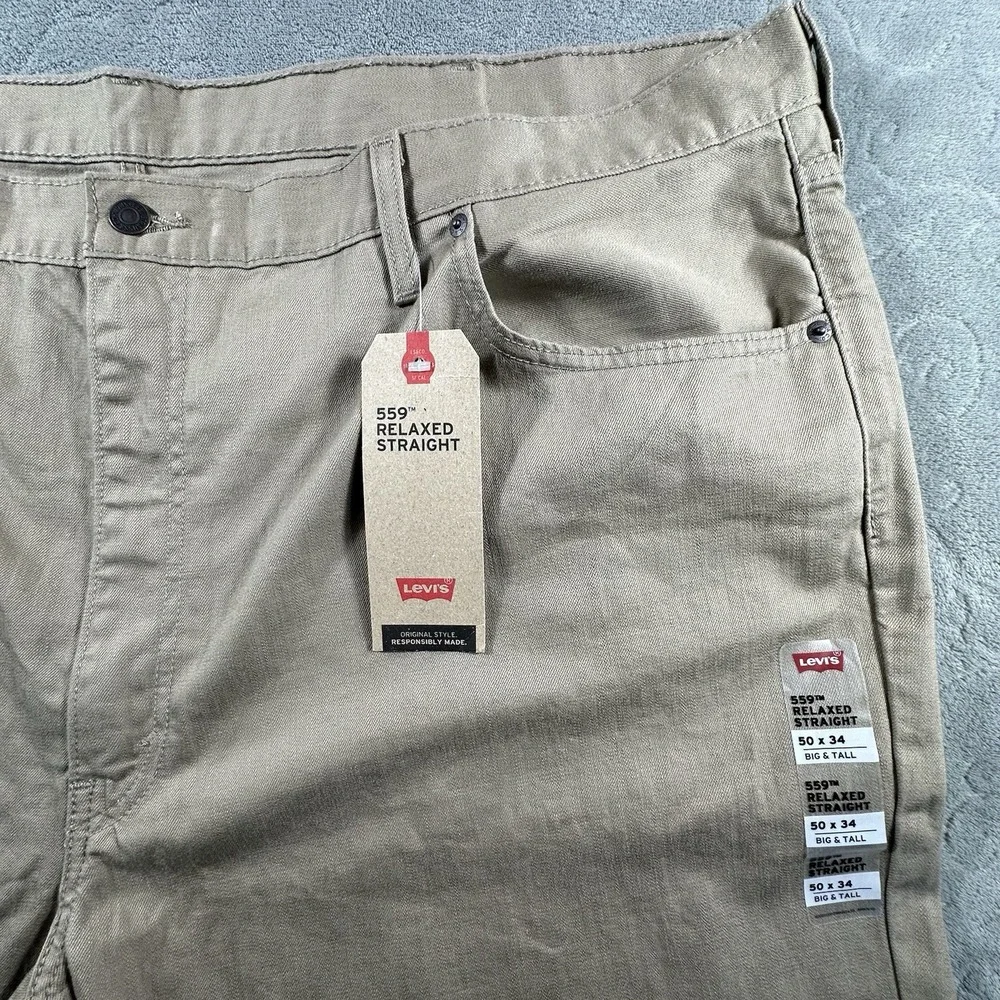 Levi's Men's 559 Khaki Jeans Straight Leg 50 x 32 Relaxed Fit Cotton Tan Big New